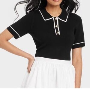 NWT Short-Sleeve Polo Collar Pullover Sweater A New Day Black White Gold L